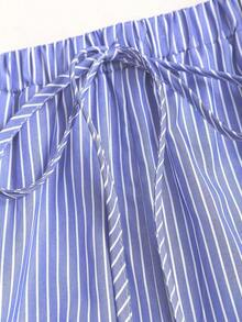 Conjunto de 2 piezas para mujer con top sin tirantes a rayas y pantalón de pierna ancha, con sensación relajada, ajuste elegante, para primavera - Azul - Ver 8