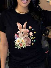 Soft  Playera con diseño de conejo color café con flores, estampado, tierno, colorido, moderno, cuello redondo, manga corta, ideal para todos los días, llamativa, holgada, a la moda, ideal para tí.patrón patrón - Negro - Ver 7