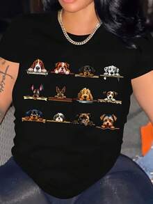Camiseta de talla grande con diseño de perro lindo, top casual de manga corta y cuello redondo para mujer. - Negro - Ver 1