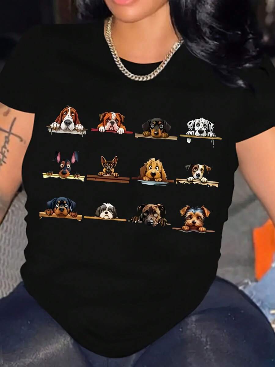 Camiseta de talla grande con diseño de perro lindo, top casual de manga corta y cuello redondo para mujer. - Negro - Ver 1