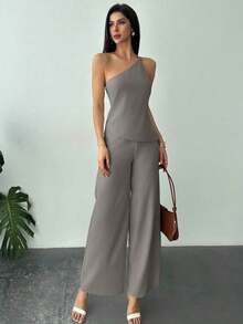 Nuevo conjunto de primavera/verano, elegante atuendo de vacaciones, blusa de lino asimétrico con cintura fruncida y espalda descubierta en color albaricoque y pantalones largos de cintura alta de 2 piezas de traje de lino - Gris - Ver 6