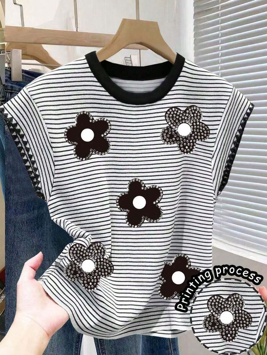 Nueva camiseta de manga corta con bloques de color y rayas, ropa de primavera/verano - Multicolor - Ver 1