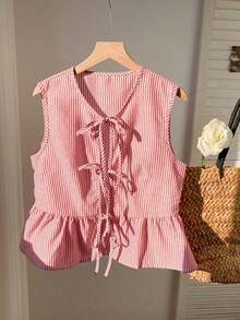 Blusa de rayas y estampado sin mangas para uso diario sencilla, tops sin mangas - Rojo - Ver 4
