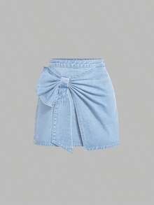Minifalda de mezclilla azul de cintura alta con decoración de lazo para mujer - Lavado ligero 2 - Ver 1