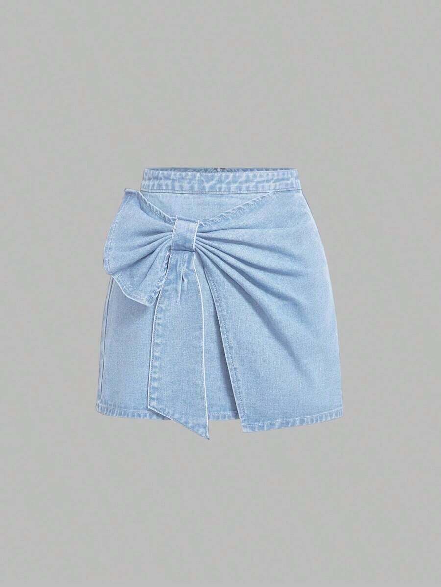 Minifalda de mezclilla azul de cintura alta con decoración de lazo para mujer - Lavado ligero 2 - Ver 1