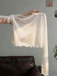 Vestido camisero con adorno de encaje, blusa de punto transparente de manga larga como cubridor para mujeres, para el verano - Beis - Ver 2