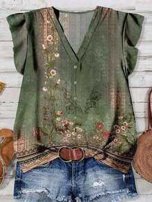Blusa casual con cuello en V, estampado floral y volante en el bajo, adecuada para el verano - Multicolor 5 - Ver 3