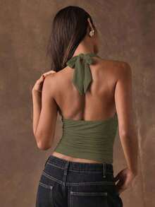 Blusa de mujer con escote halter y espalda descubierta con estampado de leopardo, adecuada para vacaciones de verano y fiestas - Verde militar - Ver 2