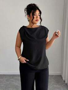 Camisa sin mangas de lino y algodón en beige con lazos en los hombros: informal para vacaciones, elegante para usar en la calle, adecuada para la oficina - Blusa talla grande para primavera y verano - Negro 2 - Ver 4