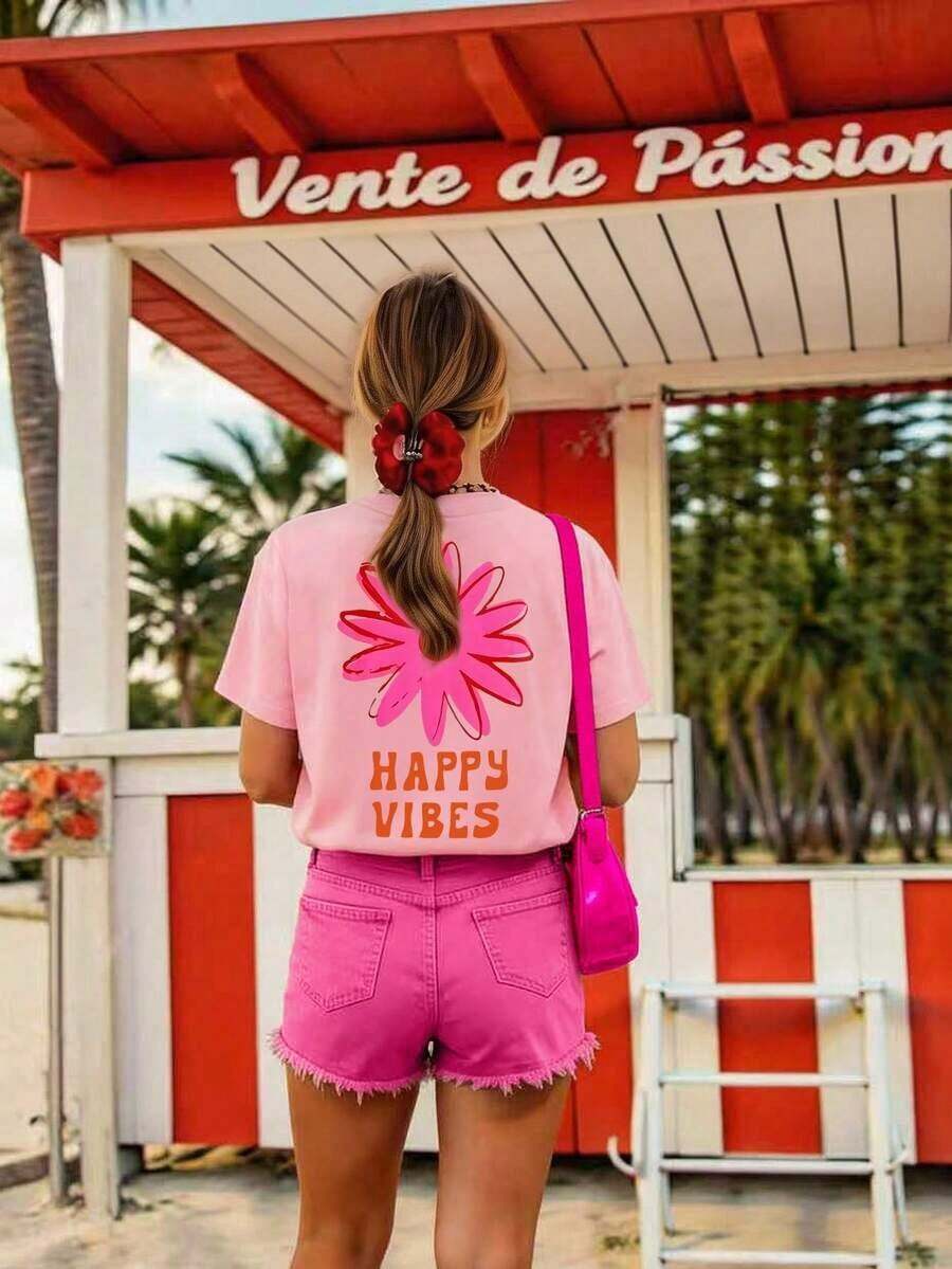 DrmWander Camiseta de mujer, camiseta gráfica de manga corta de estilo casual de calle, top de verano lindo - Rosa - Ver 1