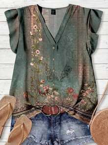 Blusa casual con cuello en V, estampado floral y volante en el bajo, adecuada para el verano - Multicolor 6 - Ver 7