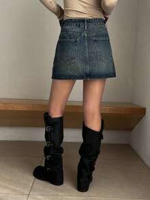 Falda vaquera casual con botones delanteros y bolsillos con estampado de leopardo - Marrón 4 - Ver 4