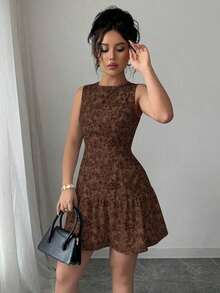 Vestido mini bohemio elegante francés con estampado floral sin mangas y cinturón para mujer, atuendo de graduación para primavera/verano - Marrón Mocha - Ver 3
