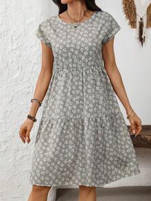 Vestido de mujer de manga corta con cuello redondo y estampado geométrico de verano - verde claro - Ver 8