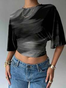 Blusa de verano para mujer con diseño de manga murciélago, cuello redondo, fruncido y estampado floral de tinte de agua en tonos cálidos, ideal para playa/vacaciones, un look casual, minimalista y elegante - Gris Oscuro - Ver 1