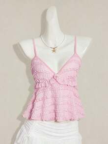 Blusa de tirantes de mujer con volantes de tela texturizada de unicolor para el verano y vacaciones - Rosa Pálido - Ver 4