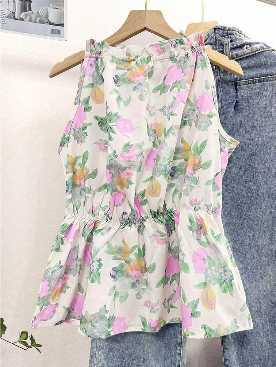 Blusa casual versátil de uso diario con estampado floral y pliegues para mujer - Morado - Ver 1