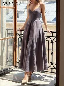 Vestido midi elegante de mujer con cuello en V, vestido de tirantes de mezcla de lino con corte evasé y espalda descubierta, adecuado para vacaciones, playa, boda, fiesta de cóctel - Púrpura polvoriento - Ver 1