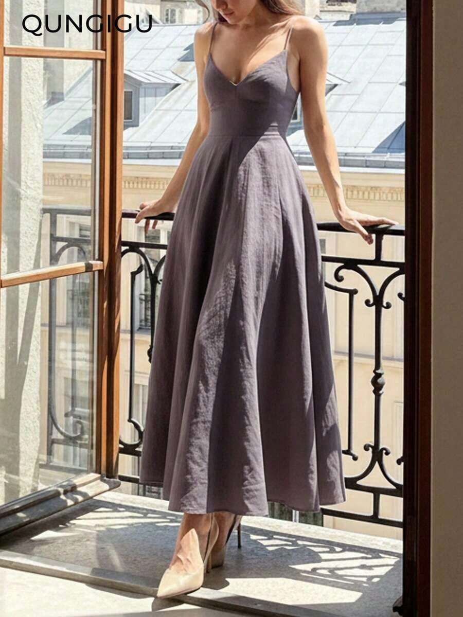Vestido midi elegante de mujer con cuello en V, vestido de tirantes de mezcla de lino con corte evasé y espalda descubierta, adecuado para vacaciones, playa, boda, fiesta de cóctel - Púrpura polvoriento - Ver 1