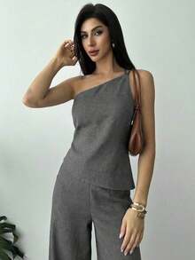 Nuevo conjunto de verano elegante de vacaciones de 2 piezas de lino, con top de cintura fruncida y espalda descubierta de dobladillo asimétrico en color albaricoque y pantalón largo de cintura alta - Gris Oscuro - Ver 5