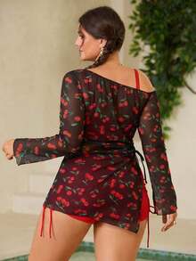 1 conjunto de traje de baño de talla grande con estampados de cerezas y frutas, diseño femenino para vacaciones - Negro - Ver 3
