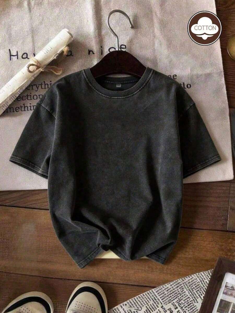 Washed Grey Short-Sleeved T-Shirt With A Loose Fit, Vintage Urban Style, Basic, Breathable And Comfortable For The Skin In Summer. - 黑色 - 查看 1