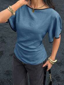 Camisa casual de mujer con ribete de contraste en la cintura y manga corta, para verano - Niebla azul - Ver 8
