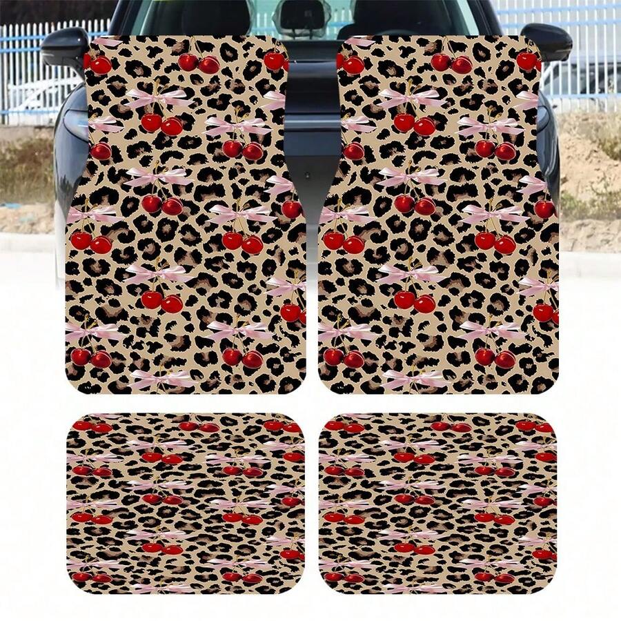 2pcs/4pcs, Fashionable Printed Car Floor Mats - Durable Floor Mats, Designed With Leopard Print And Cherry Bows. And Practical, They Are An Ideal Gift Choice And Long-Lasting. Suitable For Trucks, Sedans, SUVs, And Other Vehicle Types,Car Acessesories,Car Acessesories Interior,Accesorios Para Carro,Car Acessesories Women - 彩色 - 查看 1
