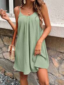 Vestido de verano de algodón de unicolor con tirantes finos tipo musculosa, estilo vacacional para mujer - verde menta - Ver 4