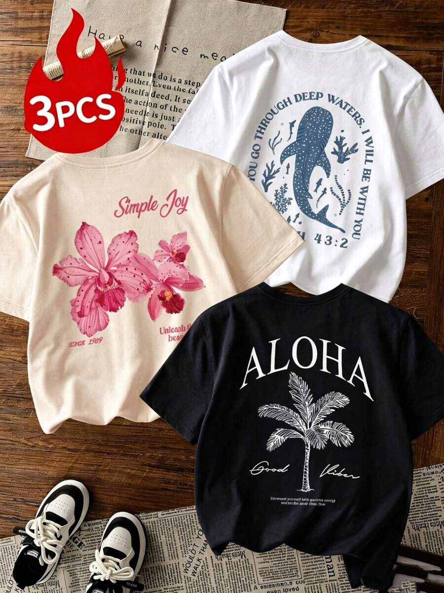 camisetas de manga corta Prenda individual, no un conjunto de 3 piezas, 1 piezas/set de camisetas de manga suitable for streetwear, Top oversized cuello redondo daily outings, camping, concerts, hip-hop, rock, and rap events cuello redondo, estampado de tortuga marina y letras, de estilo casual y dulce para el verano, tops versátiles y de moda para mujeres - Blanco - Ver 1