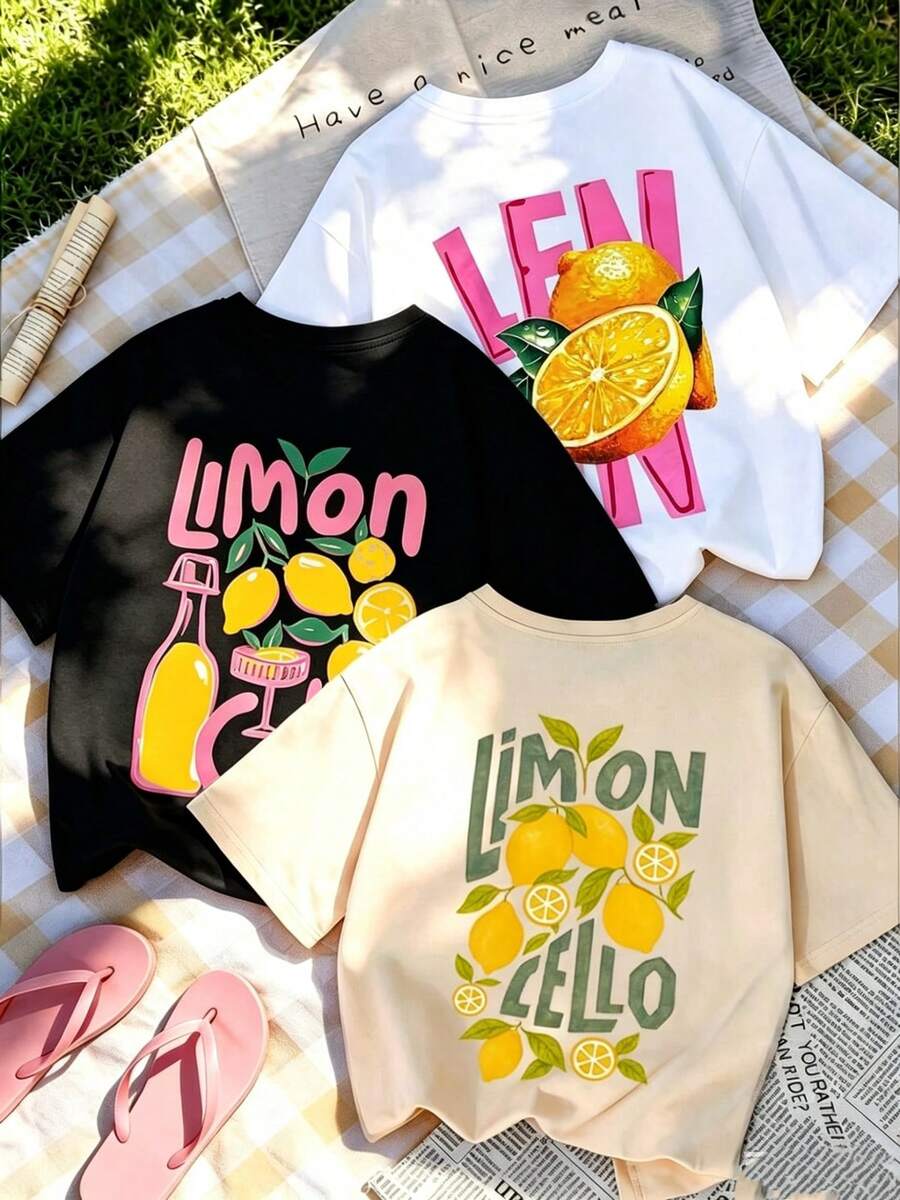 Single Garment Set, Not A 3-Piece Set. 1 Piece/Set Of Short-Sleeved T-Shirts Suitable For Streetwear. Oversized Round Neck Top For Daily Outings, Camping, Concerts, Hip-Hop, Rock, And Rap Events. Women's Short-Sleeved T-Shirts With Round Neck, Casual And Colorful Style, With Letter And Lemon Print "LIMON CELLO", Stylish And Suitable For Daily Wear, Vacation And Summer - 白色 - 查看 1