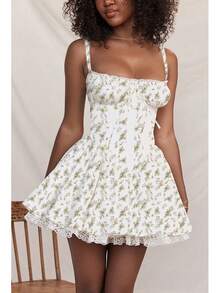 Women's Short Dress With Lace Straps And Fitted Design - 綠色 - 查看 1