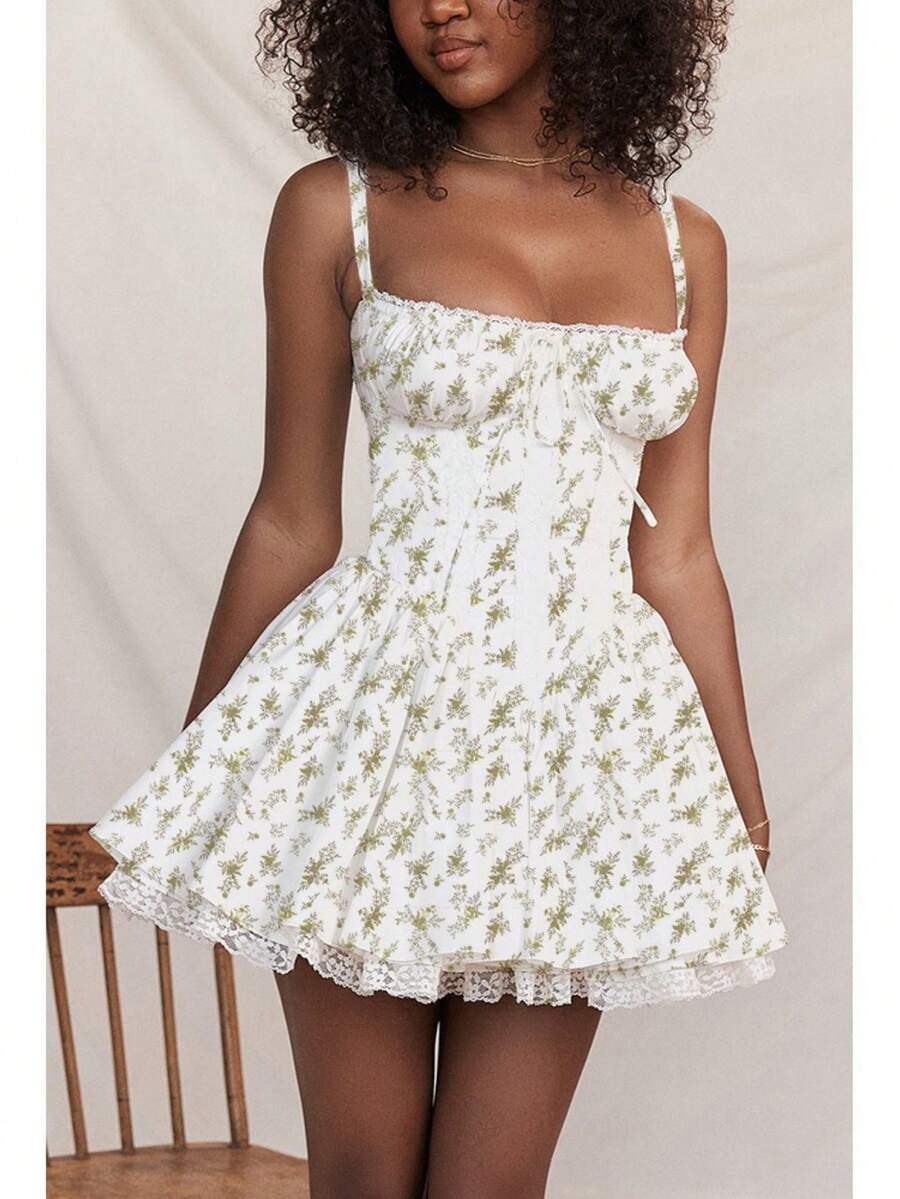 Women's Short Dress With Lace Straps And Fitted Design - 綠色 - 查看 1