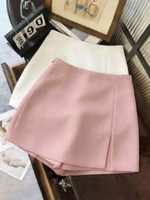 Pantalones cortos/falda/culotte/shorts de mujer de tela suave y texturizada de cintura alta con abertura, de estilo casual y versátil para ir y venir, primavera/otoño - Rosa Pálido - Ver 5
