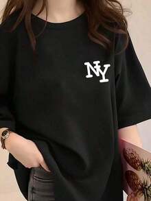 Solt 1pscWomen's 100% Cotton Loose Fit Printed T-ShirtWomen's 100% Cotton Loose Fit Printed T-ShirtPlayera gráfica casual juveniCamiseta de mujer de manga corta, de cuello redondo, con impresión de la letra NY de Nueva York en , de diseño elegante y cómodo, camiseta casual para exteriores en veranocamisas de mujer blusa100%cotton graphic - Negro - Ver 7