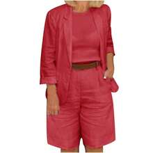 2026 Womens White Linen-Blend 2-Piece Set Blazer & Wide Leg Shorts Casual Workwear - Đỏ - Xem 2