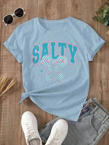 Camiseta oversize celeste de verano para mujer con estampado de lazo marino y estrellas de mar Camiseta casual celeste de manga corta con lazo marino, ideal para looks de playa y verano - YH378-Azul - Ver 2