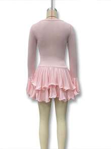 Vestido otoño  internacional manga larga campana botones sencillos ajustado con volantes elegante para mujer - Rosa - Ver 10