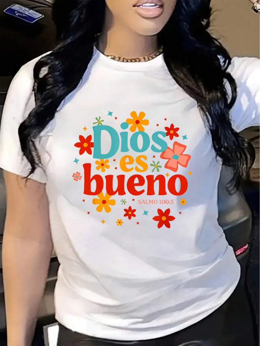 Elegant Women's Casual Short Sleeve T-Shirt With Floral And Letter Print, Ideal For All Seasons, Chic And Modern Style - 白色 - 查看 1
