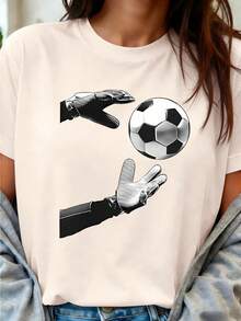 Camiseta de manga corta con cuello redondo y estampado de guantes de portero de edición limitada, ropa para mujer. El diseño dinámico del momento de la recepción del portero resalta la energía atlética y la individualidad. Adecuada para entusiastas de los deportes, como regalo para jugadores, regalo de cumpleaños, para eventos de equipo, festivales deportivos universitarios o como atuendo para ver partidos. Casual y elegante, estilo urbano, que muestra el amor por el fútbol y resalta la individualidad única. Tejido cómodo y transpirable, creando un look personalizado. Algodón ligero. - Albaricoque - Ver 12