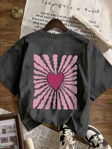Camiseta de manga corta con cuello redondo y estampado de corazones y rayas.Camiseta de manga corta con cuello redondo, estilo casual y minimalista para mujer, con un diseño lindo, corte holgado, ideal para uso diario y vacaciones.Verano - Gris Oscuro - Ver 9