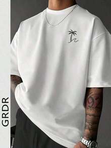 Camiseta de manga corta con cuello redondo y estampado de palmeras de moda para hombres GRDR, casual y - Blanco - Ver 8