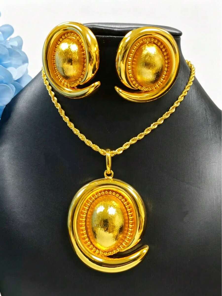 两件套女士复古镀金椭圆形吊坠首饰套装,项链和耳环,适合沙特阿拉伯、欧洲、美国、非洲、中东、迪拜新娘,可用于婚礼、派对、约会、日常佩戴、母亲节、情人节、生日、节日礼物等场合。 - 金黃色 - 查看 1