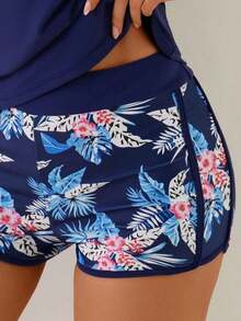 Swim Lushoire Conjunto de 3 piezas para mujer con top corto y conjunto de bikini con estampado floral para vacaciones en la playa - Azul - Ver 3