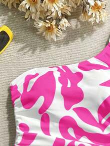Traje de baño de una pieza con estampado todo sobre con cordón lateral para mujer, ideal para vacaciones y playa - Rosa - Ver 3
