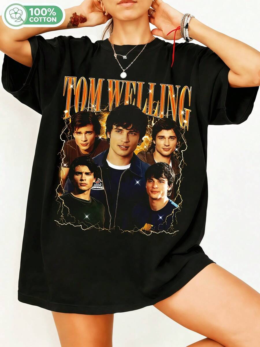 Tomm Wellingg Smallvillee Clark T-Shirt Retro Lightning Bolt Portrait Shirt Superhero Actor Graphic Cotton Shirt For Fans. - Black - View 1