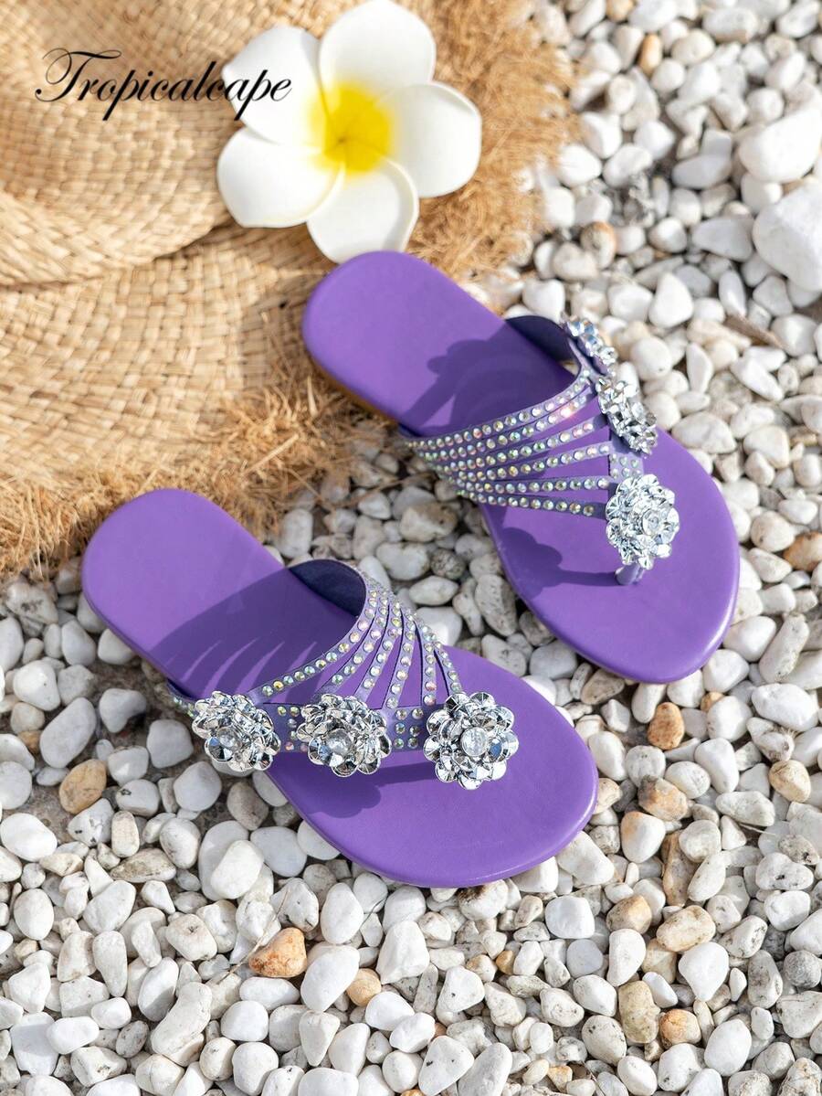 1 Pair Kids Flat Sandals With Toe Strap, Open Toe, Chinese Knot Decor, Rhinestone Embellished Single Strap Buckle, Suitable For Beach, Camping, Gathering, Shopping, Walking, Playing, Photo Taking - Purple - View 1