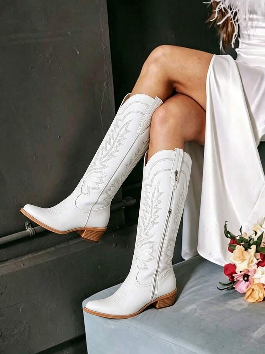 Vintage Western Cowboy Knee High Boots Women Fashion Embroider Chunky Heels Pointed Toe Side Zipper Classic Retro Tall Cowgirl Boots - trắng - Xem 1