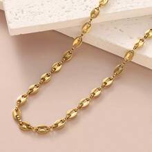 2pcs/1pc Stainless Steel Oval Coffee Bean Pig Nose Necklace & Bracelet Set, Women's Jewelry Set - Gold - View 5