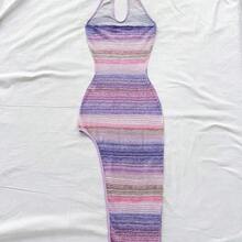 WYWH Colorful Ombre Halter Neck High Slit Romantic Casual Vacation Dress For Women,Summer Dresses For Women,Pastel Dresses For Women - Multicolor - Ver 8